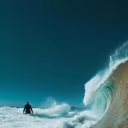 a surfer in the water at high tide on his board
