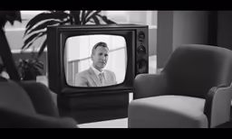 a black and white photo of a man on television