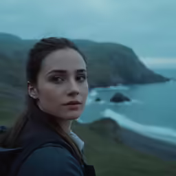 a woman stands looking off into the distance