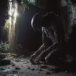 two aliens sitting down in an abandoned room