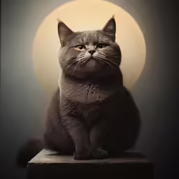 a large gray cat is sitting on top of a pillar