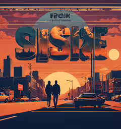 a couple walking down a city street under a sky,a couple is walking down a street near a clock
