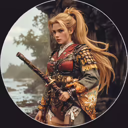 a woman dressed in a medieval fashion with a gun