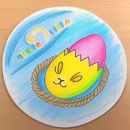 a round cartoon with an egg inside,a drawing of an egg in a basket with the name eolin written below