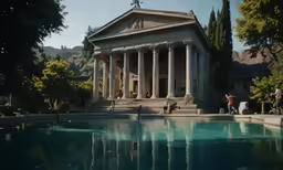 a house with pillars is on a hill