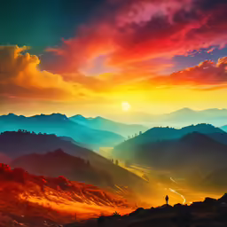 a person is looking at the sunset on the mountains