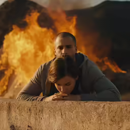 the woman is leaning down next to a man in front of a wall with fire blazing behind her
