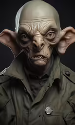 a man in an elf head, green jacket and red eyes
