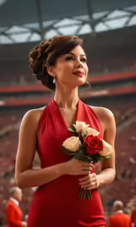 a beautiful woman in a red dress holding a bouquet of roses