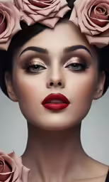 a woman wearing makeup with roses on her head