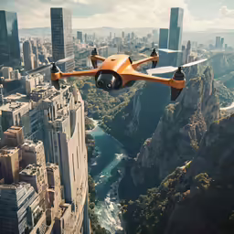 an image of a yellow flying flying above the city