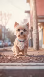 small brown dog standing on the street with buildings in background