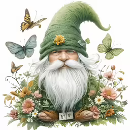 a statue of an gnome and some butterflies