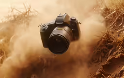 a camera flying above a field of corn