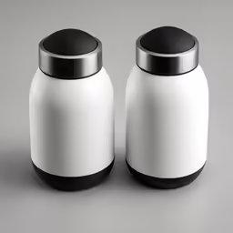 a white bottle with a black cap on it