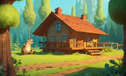 a small house in the woods with a cartoon character,an animated house with a giant pig in front of it