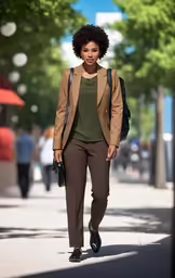 a woman walking down a sidewalk wearing a brown suit