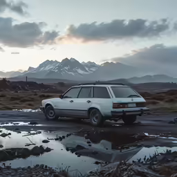 a car parked next to a small puddle with water at the bottom