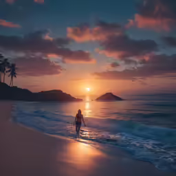a person walks into the surf at sunset