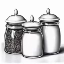 three salt and pepper jars in pencil