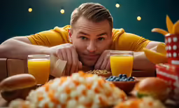 a man with glasses and food around him