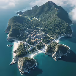 an island surrounded by water and clouds