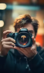 a man takes a photo with his camera in front of him