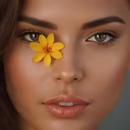 a woman with yellow flowers on her cheek and nose