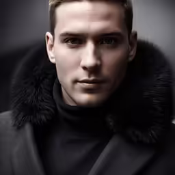 a man in a dark black jacket with a fur collar