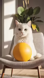 white cat on a grey chair next to an orange