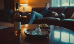 bottle of wine and some food sitting on a table