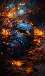 a digital camera sitting on leaves in the dirt