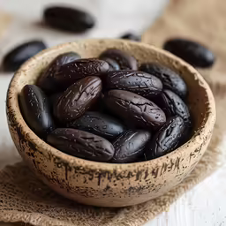 a brown bowl full of beans on top of a table