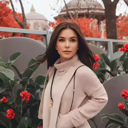 woman standing in front of flowers in an enclosure
