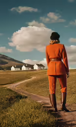 woman in orange jacket and pants standing on dirt road in field