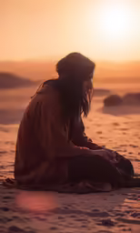 the person is sitting on the beach looking at his phone