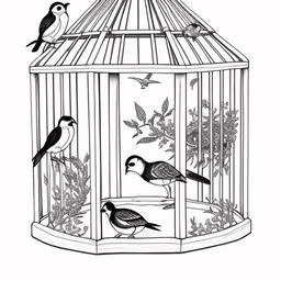 a drawing of three birds in a bird cage,two birds in a cage sitting on top of another bird