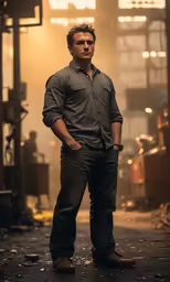 the actor poses for a portrait in an industrial setting
