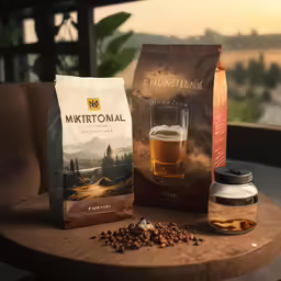 a brown table with coffee bags, a cup of coffee and an empty jar on it