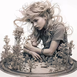 woman kneeling in front of dried plants with eyes wide open