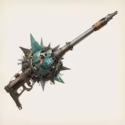 a rifle shaped like a rocket ship with many spikes