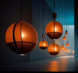 the lights are hanging in a row, and a light fixture has been shaped with the same design as the lamps