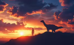 a woman and a giraffe silhouetted against the sunset