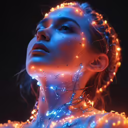 a beautiful woman with colorful lights on her neck