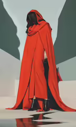 a woman wearing a red cape and shoes is seen walking