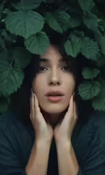 a woman looks up and holds her hands in the foreground, surrounded by leaves