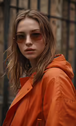 a young woman in an orange jacket is wearing glasses