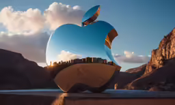 an apple sculpture is seen against a background of mountains