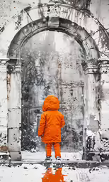a person standing in front of a stone arch