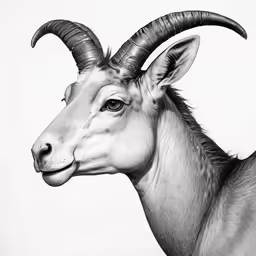 a black and white image of an animal with large horns